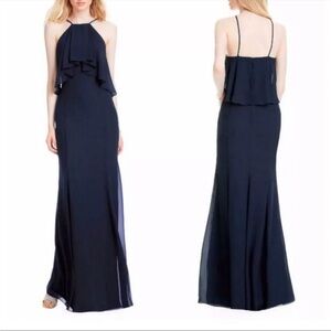 Bill Levkoff Navy Blue Halter Formal Wedding Bridesmaid Long Gown Overlay Sz 12
